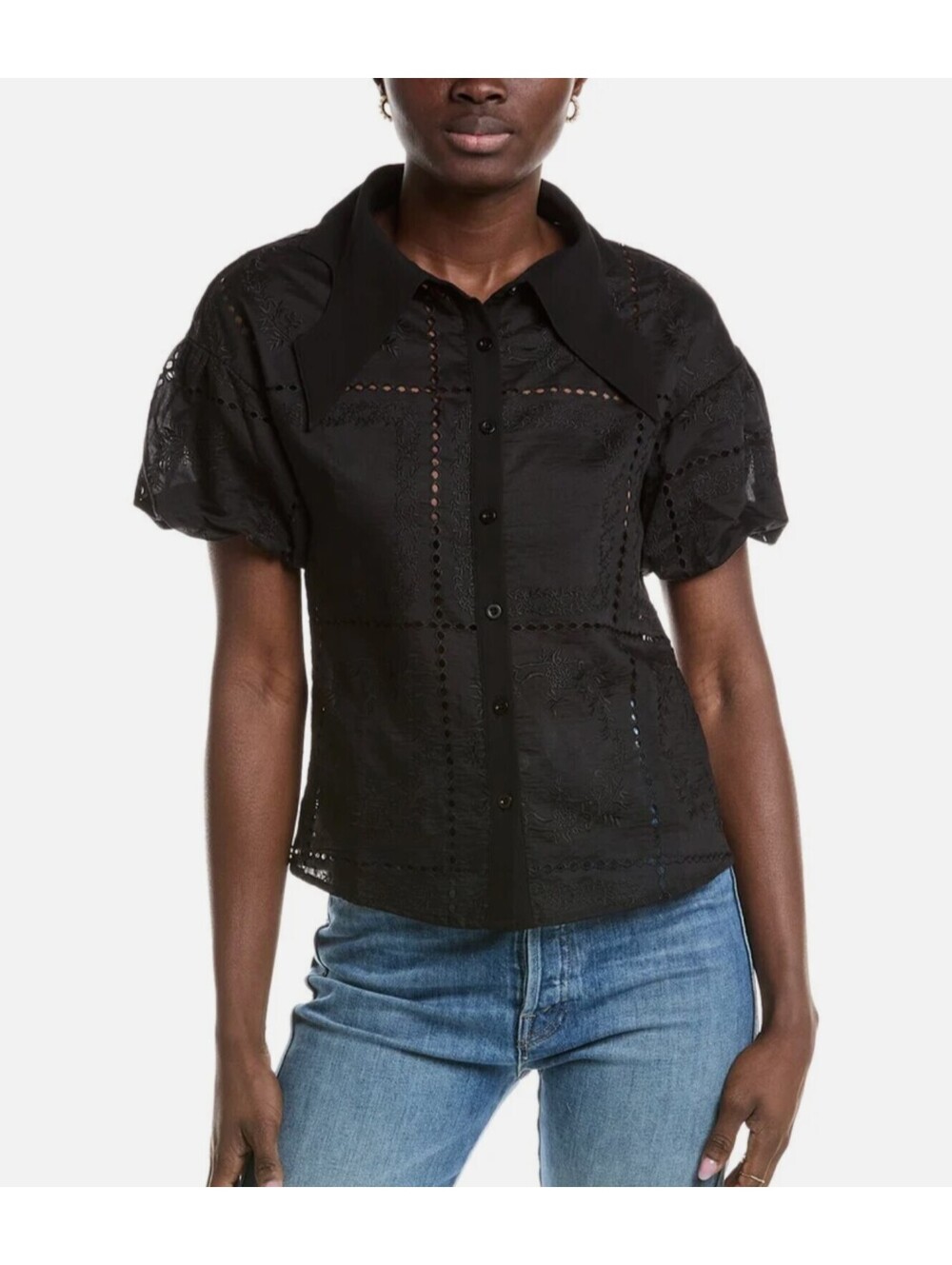 Gracia Wing Collar Eyelet Blouse Black Puff Sleeve Button Front Size S NWOT